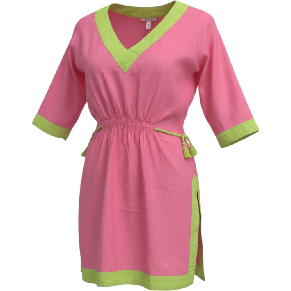 Gretchen Scott Pink Lime Green 100% Cotton Tunic Dress XS Tassel Resort Coverup